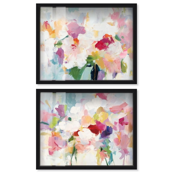 Blush Pink Bedroom Serenity Set Shadowbox Floral Abstracts by Art Remedy, Black Frame, 20 x 16