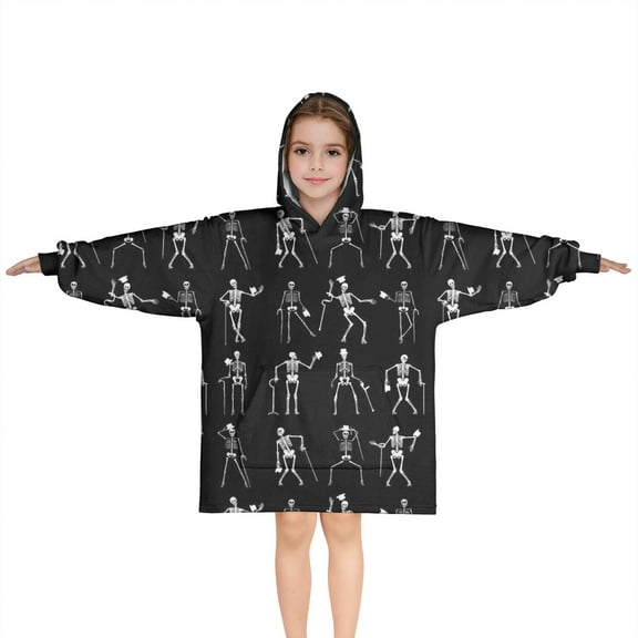 Black Halloween Dancing Skeleton Pattern Blanket Hoodies for Kids 6-13YR Oversize Wearable Blanket Hoodies for Boys Girls Teens