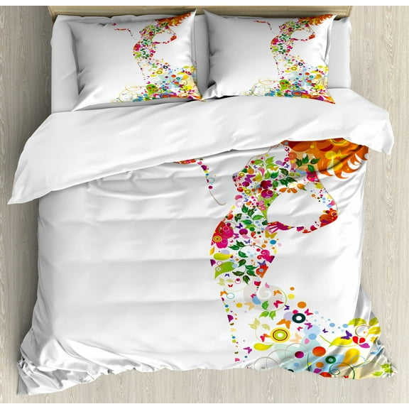 Floral King Size Duvet Cover Set, Summer Lady Silhouette in Blooms Swirls Inspirational Vivid Tones Feminine Design, Decorative 3 Piece Bedding Set with 2 Pillow Shams, Multicolor, by Ambesonne