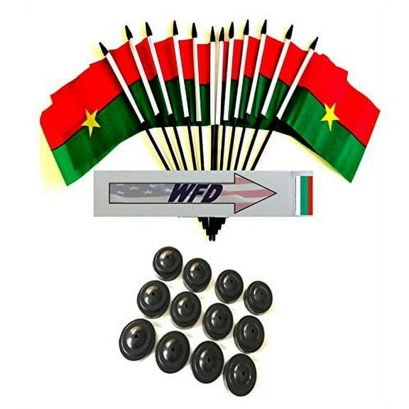 Pack of 12 4"x6" Burkina Faso Polyester Miniature Office Desk & Little Table Flags, 1 Dozen 4"x 6" Burkina Small Mini Handheld Waving Stick Flags with 12 Flag Bases (Flags with Stands)