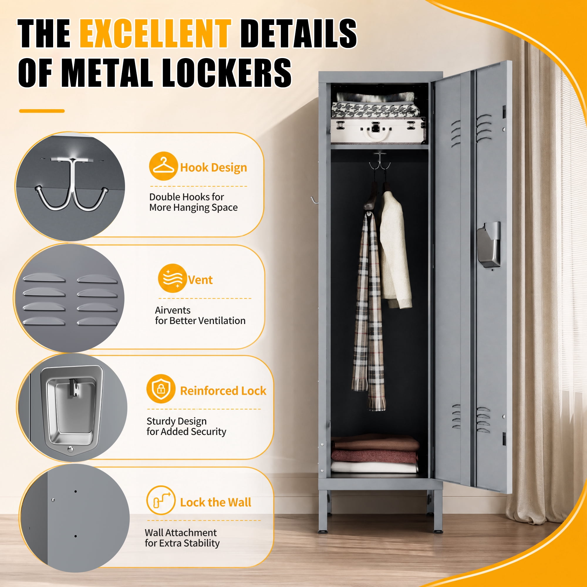HOQBN 55" Tall Metal Wardrobe Cabinet,Waterproof Steel Clothing Storage Locker with Ventilated Door,Lock & Side Hooks,Vertical Bedroom Wardrobe for Small Apartment Home Office,Gray