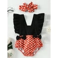 thumbnail image 2 of KiapeiseNewborn Infant Baby Girls Romper Color Contrast Dot Patchwork Ruffle Bowknot Bodysuit+Headband, 2 of 8