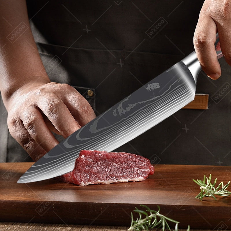 WXCOO 3 Pcs,Kitchen Chef Knife Set, High Carbon Stainless Steel Damascus Drawing Gyuto Cleaver Set Slicer Santoku Knife Chef Knife Vegetable Knife Meat Cleaver Utility Knife Professional Boning Knife
