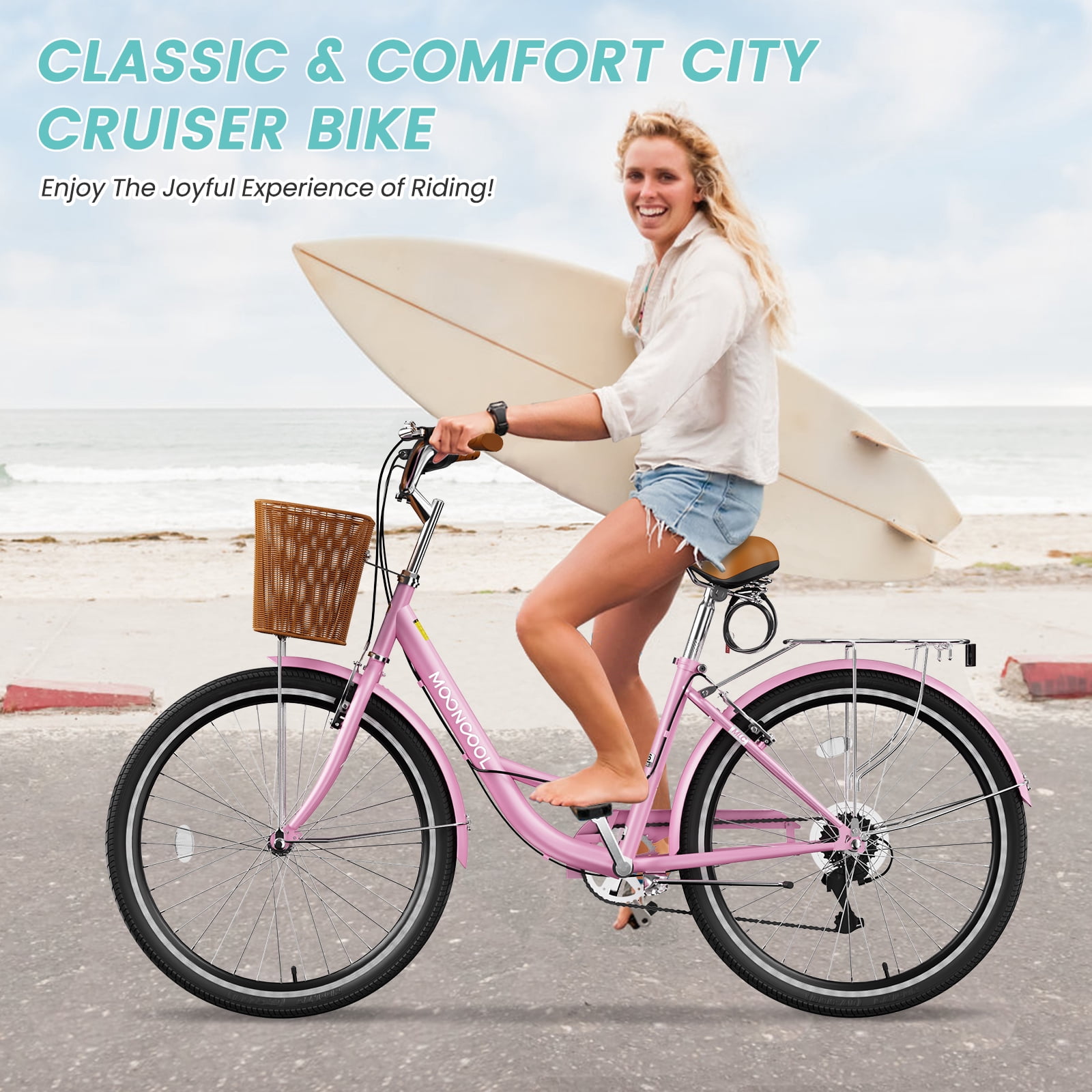 MOONCOOL 24/26 Inch Cruiser Bike for Women, 7 Speed Step-Through Bicycle with Basket, Rear Rack & Lock, Retro City Bike for Adults