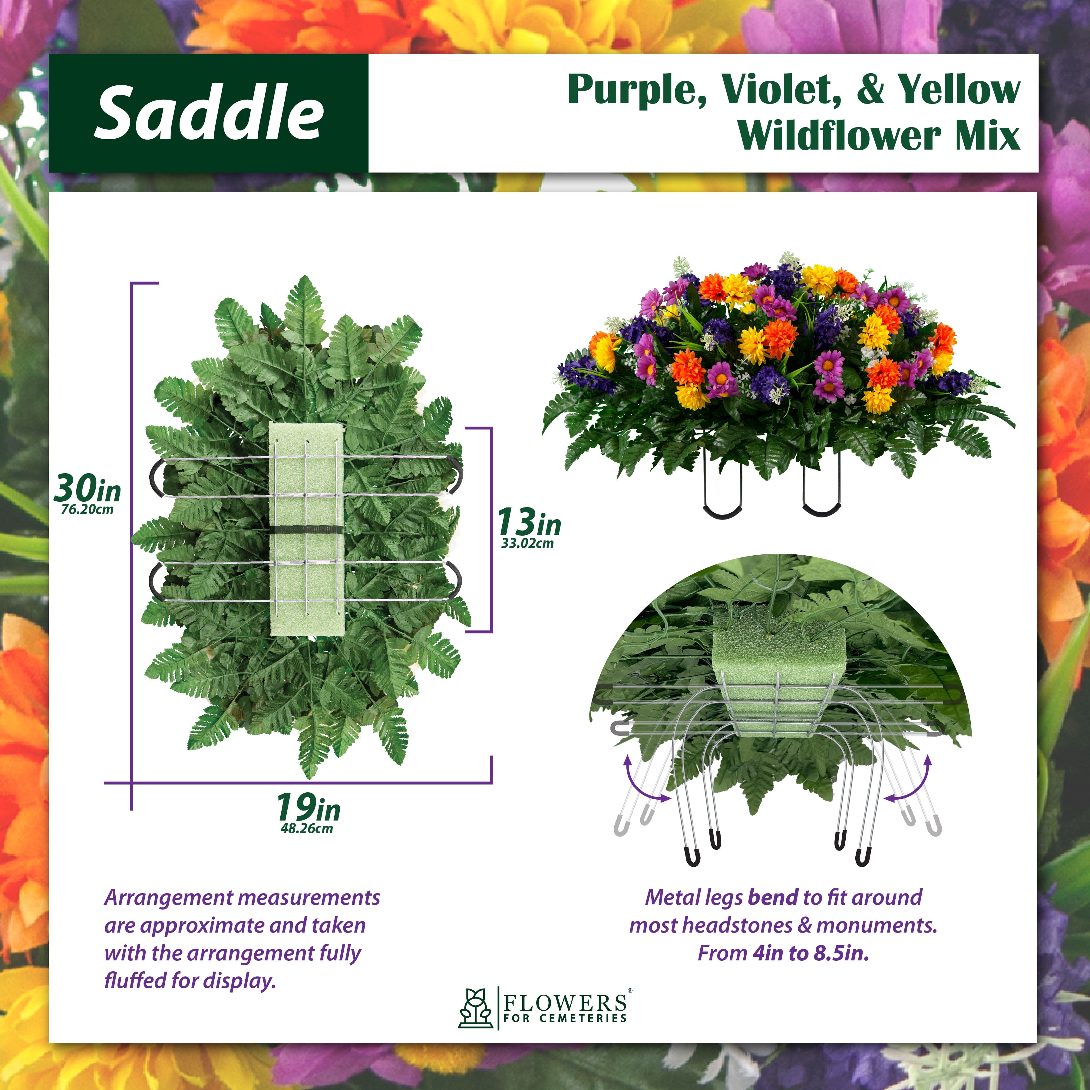 Sympathy Silks Artificial Cemetery Flowers - Purple Violet Yellow Wildflower Mix - Outdoor Saddle for Headstone