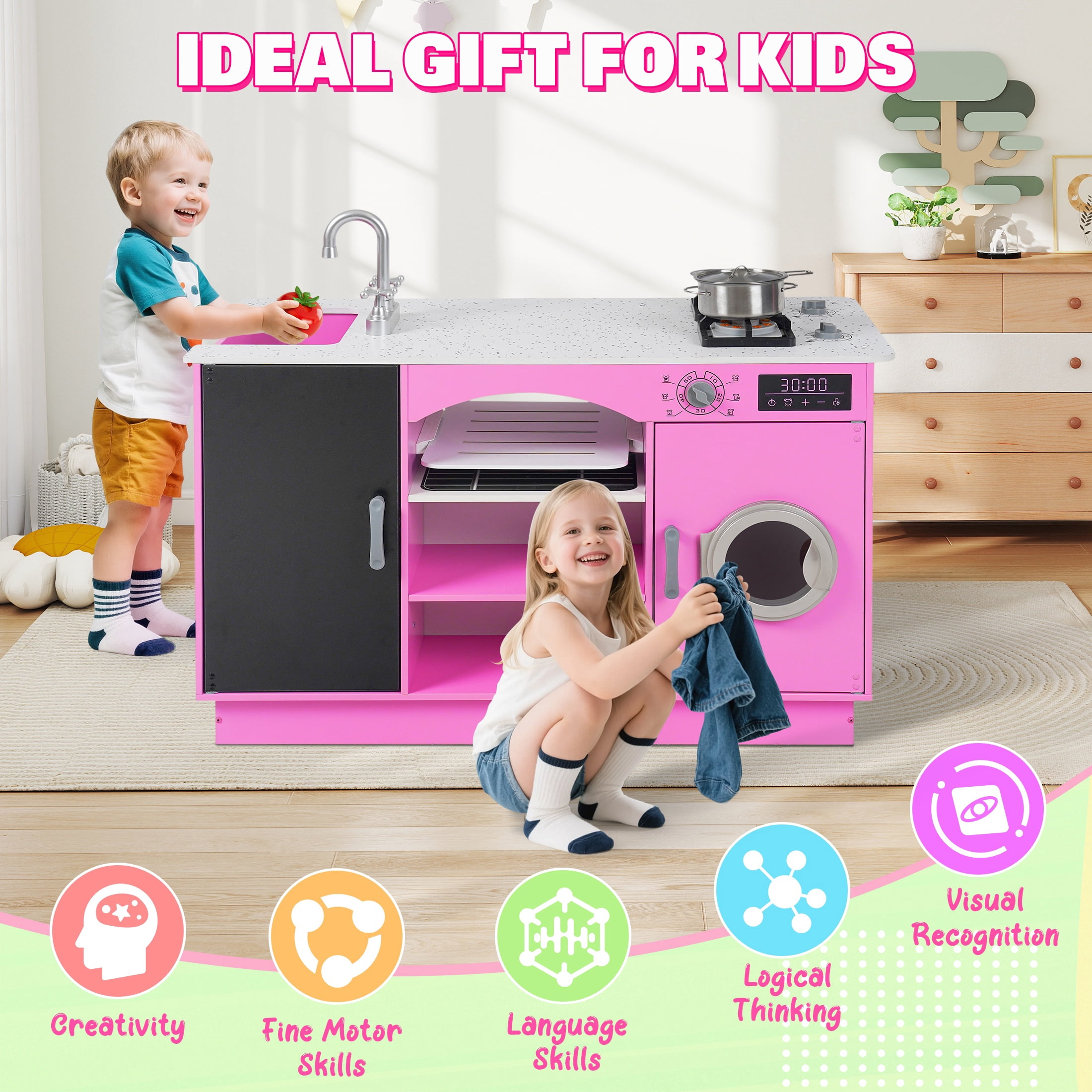 iYofe Play Kitchen Sets for Kids Ages 2+, Wood Kids Kitchen Playset for Toddlers with Real Lights & Sounds, Pretend Play Toys Kitchen with Cookware Accessories, Pink
