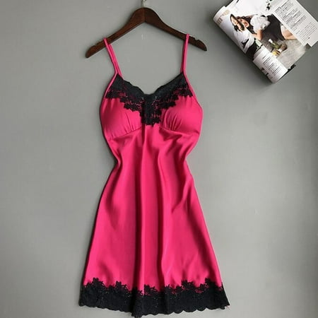 IDALL Halter Dresses for Women Babydoll Dress for Women Pajamas Nightwear Nightdress Pads Lingerie Sleepwear Satin Chest with Summer Pajamas for Women Pijamas De Mujer Hot Pink XXL