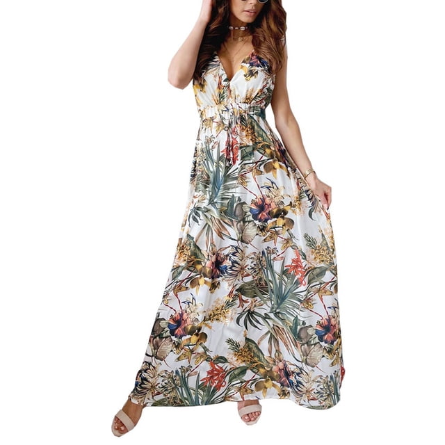 FOCUSNORM Robe d'Été Décontractée Sans Manches pour Femme, Dos Nu, Imprimé de Feuilles, Robe à Col en V