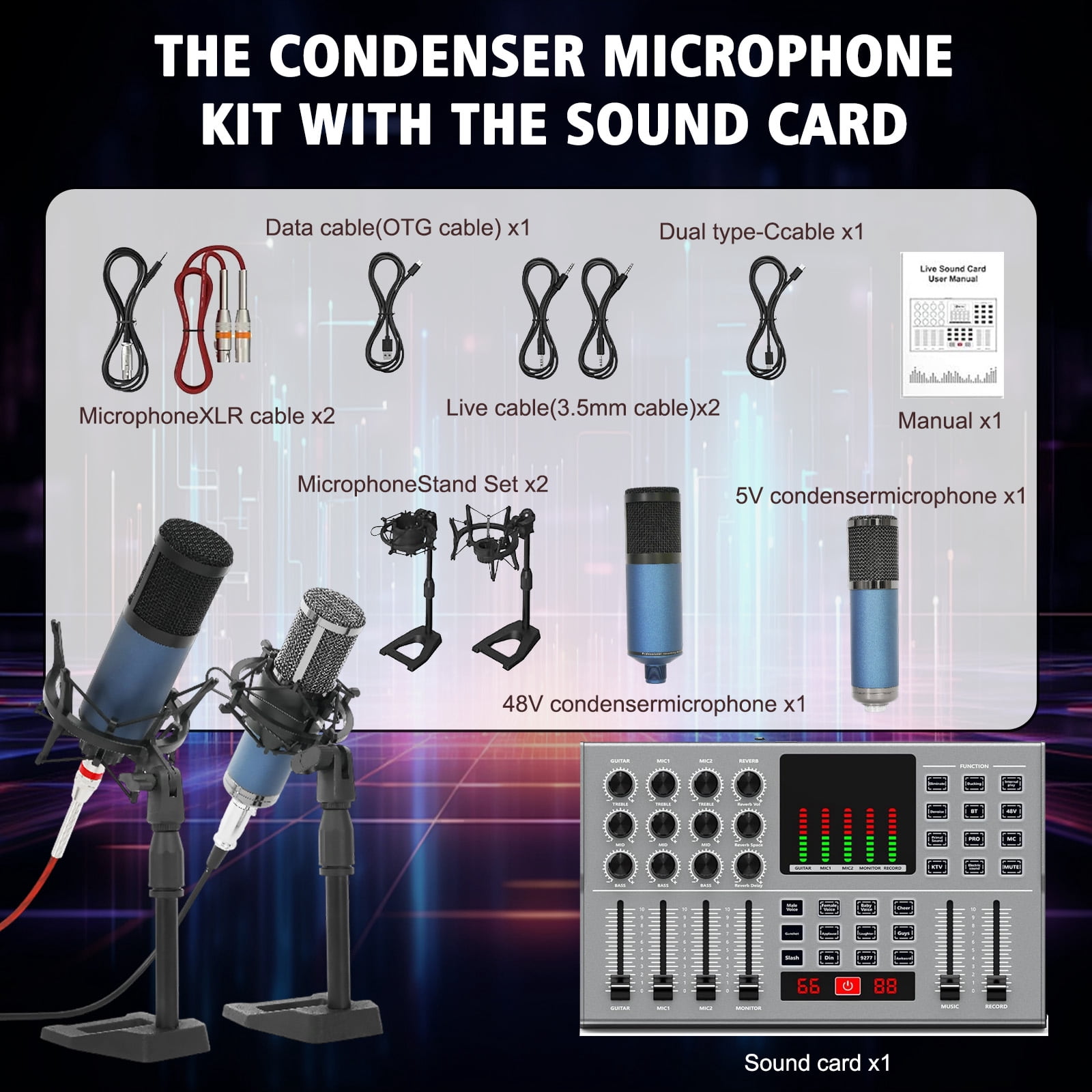 Podcast Equipment Bundle, 2 F11 Condenser Microphones for Y12 Live Sound Card, Perfect for Podcasting, Recording, Singing, Streaming