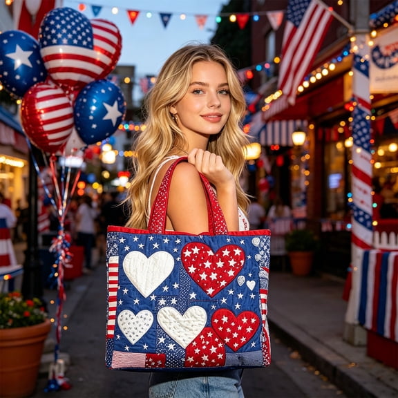 sruoe 4th of July Patriotic Tote Bag, Red White Blue Hearts Print Polyester Shoulder Bag, Large Capacity Multi-Size Tote for Independence Day, Parade and Summer Use