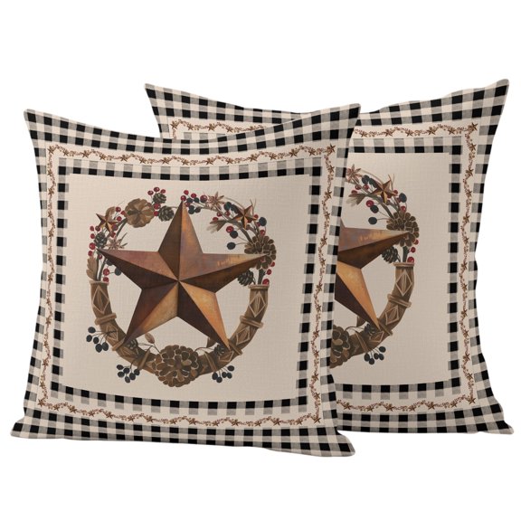Outdoor Pillow Covers 16x16 Set of 2, Western Texas Star Vintage Waterproof Patio Throw Pillow Covers for Couch Sofa Chair, Rustic Wreath Black Beige Plaid Decorative Pillowcases for Throw Pillows