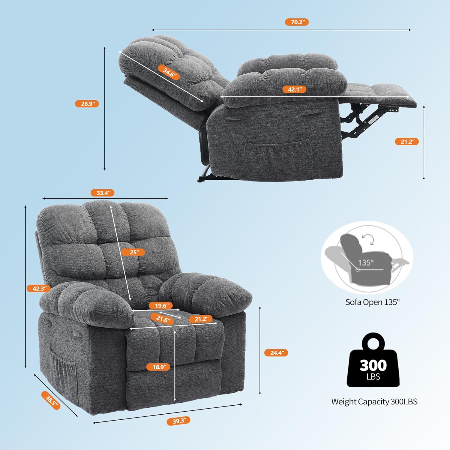 Sunvasagoo Chenille Rocking Recliner Chair, 360° Swivel, Manual Recline, 300Lb Capacity, 3 Colors