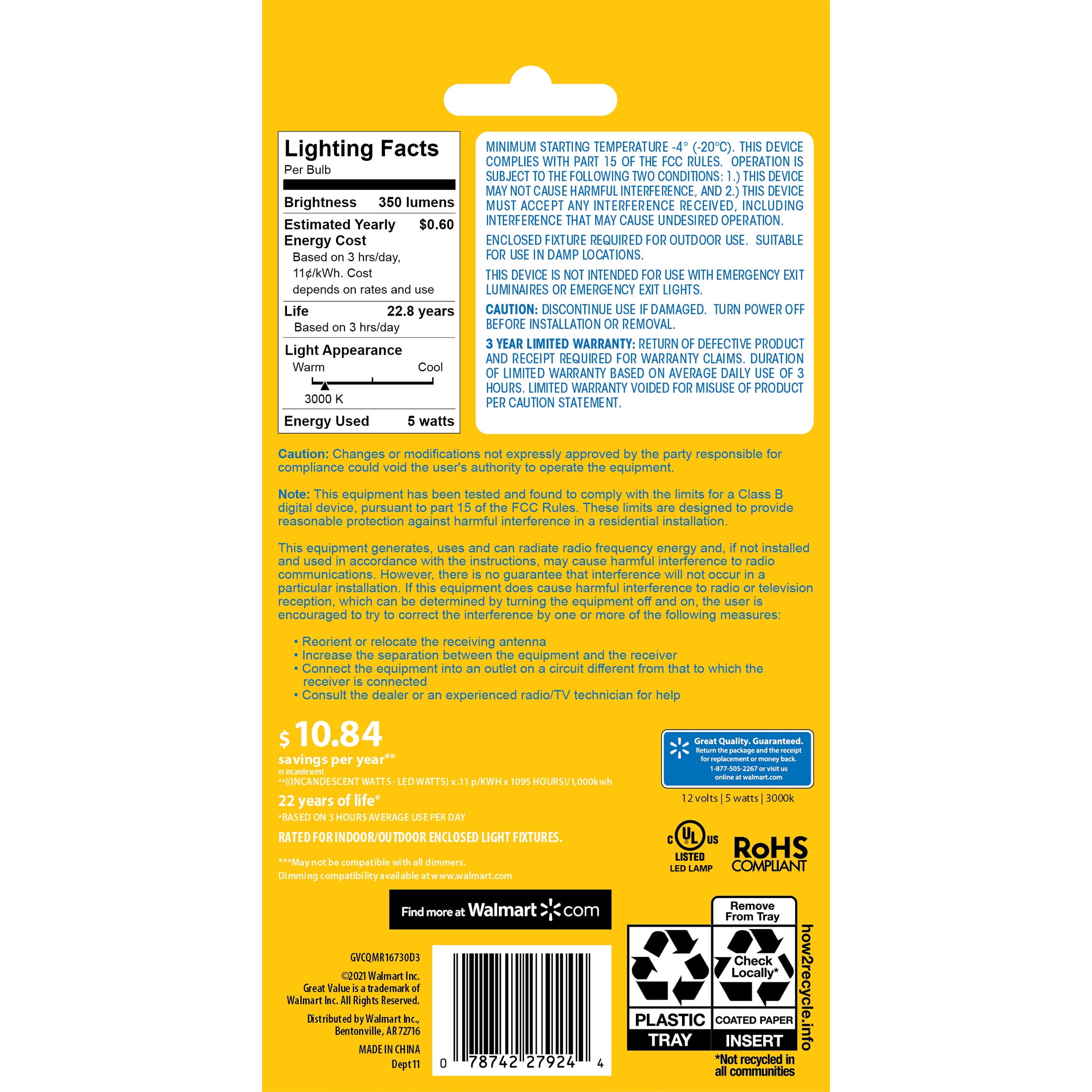Great Value LED Light Bulb, 5W (35W Equivalent) MR16 Lamp GU5.3 Base, Dimmable, Soft White, 3-Pack