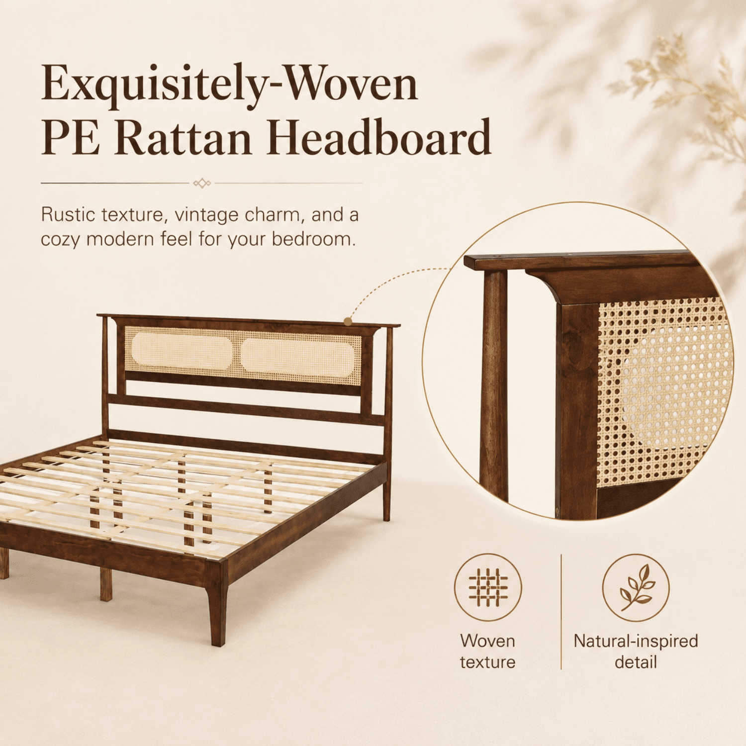 Miniyam King Bed Frame with PE Rattan Headboard, Pine Platform Bed, Walnut