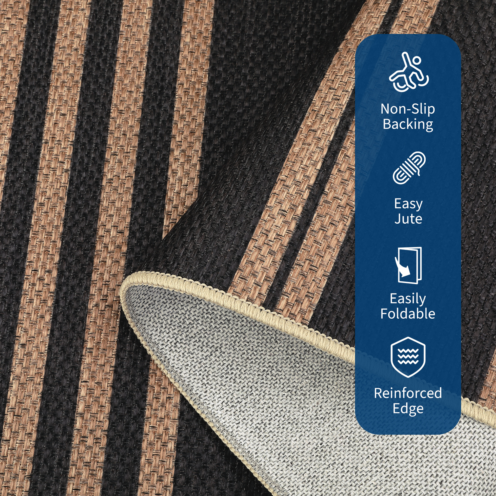 Garvee 4'x6' Modern Striped Area Rugs Easy Jute Rug with Non-Slip Backing, Washable Rug Neutral Print Indoor Outdoor Carpet for Bedroom Living Room Patio, Black Coffee