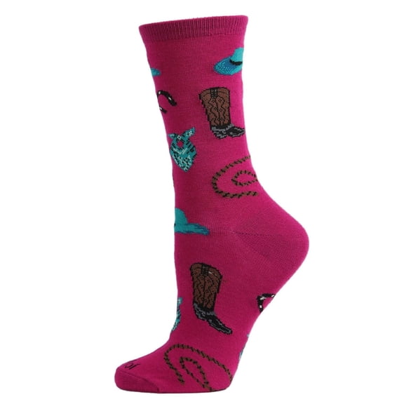 MeMoi Western Theme Bamboo Blend Crew Socks - Womens - Female, One Size, Festival Fuchsia