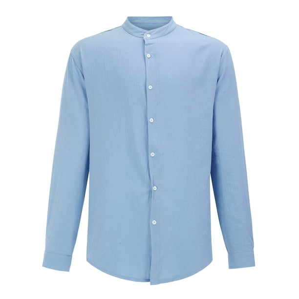 Camisas Para Hombre Slim Fit Camisa de manga larga con solapa de color sólido de lino y algodón para hombre Camisa de playa informal (Blue, XXL)