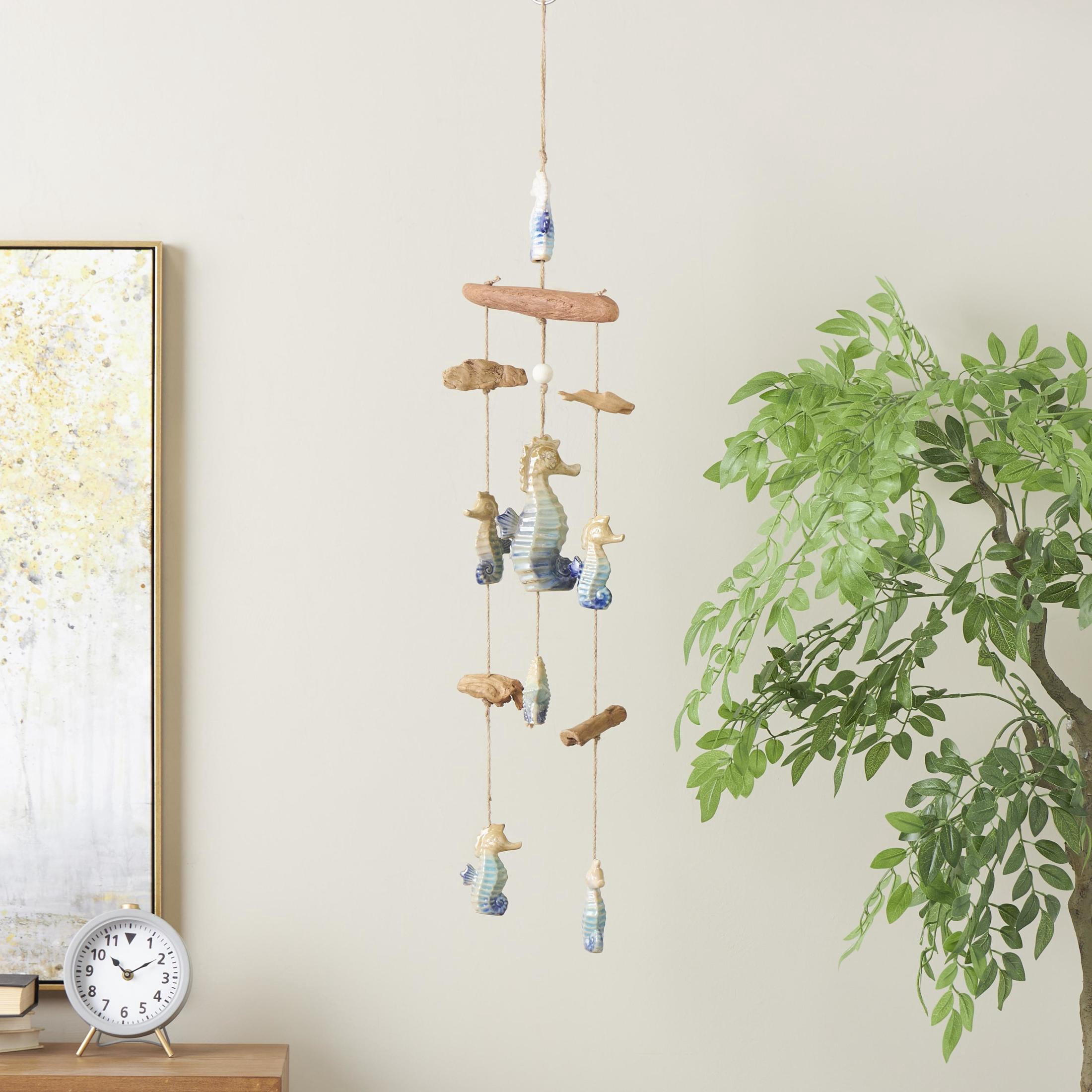 DecMode 41" Blue Ceramic Ombre Starfish Windchime with Driftwood and Hanging Starfish Accents