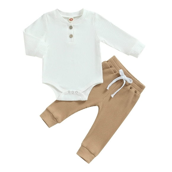 Gubotare Baby Boy Clothes Newborn Winter Newborn Baby Boy Clothes Button Long Sleeve Romper Bodysuit Pants Set Infant Soft Waffle Fall Winter Outfit 0 3 6 9 12 18 24 Months 2T 3T (Khaki,0-3 Months)
