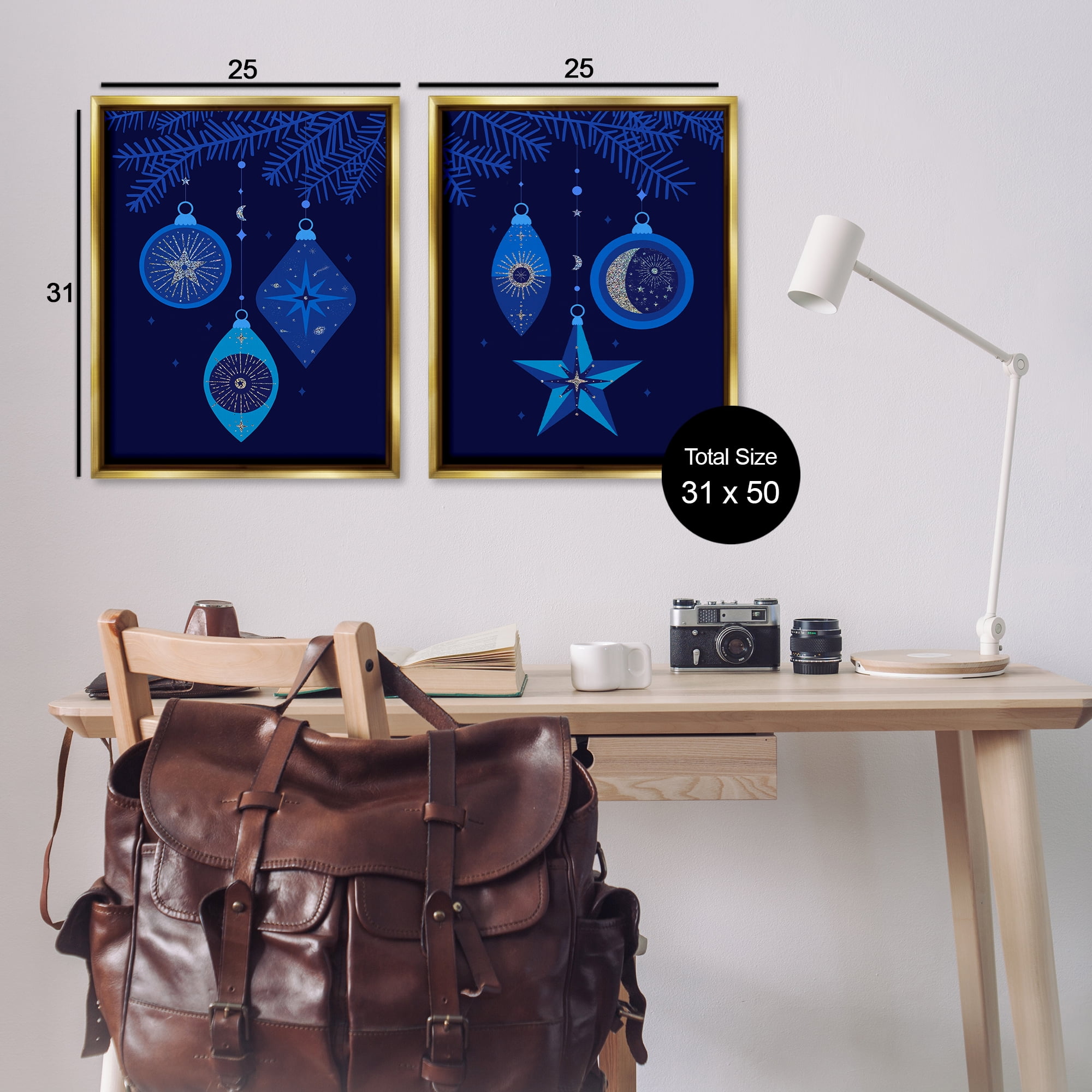 Stupell Industries Vintage Blue Holiday Ornaments Holiday Painting Gold Floater Framed Canvas Art Print Wall Art, 31 x 25, Set of 2