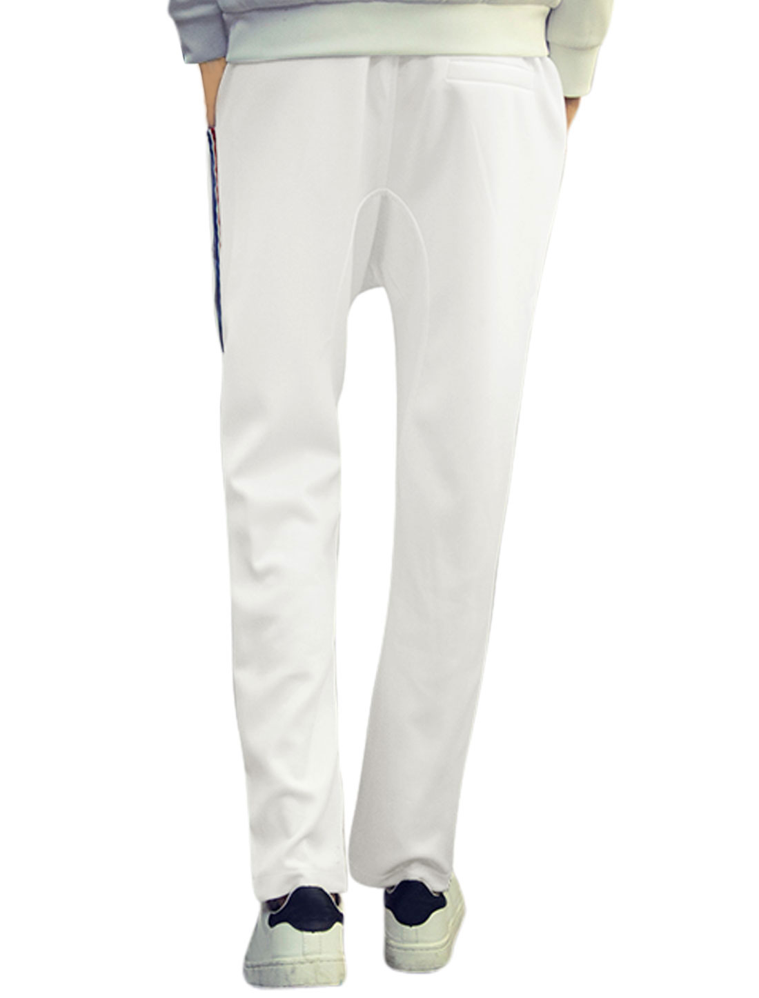 Men's Elastic Waist Stripes Detai Mock Pocket Sweatpants White S
