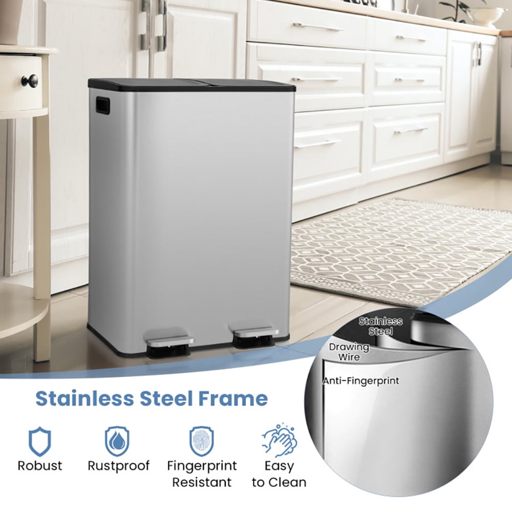 Spaco 2 x 8 Gal Dual Compartment Trash Can-Silver, Kitchen Trash Can for Office, Silver