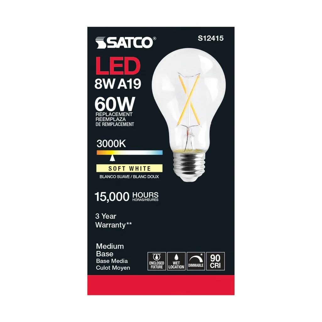 Satco (6 Pack) Dimmable Led Filament Lamps, S12415, High Lumens, 8 Watt, A19; Clear; Medium Base; 3000K; 90 Cri; 120 Volt for use at Residential, Hospitality, Display and Commercial