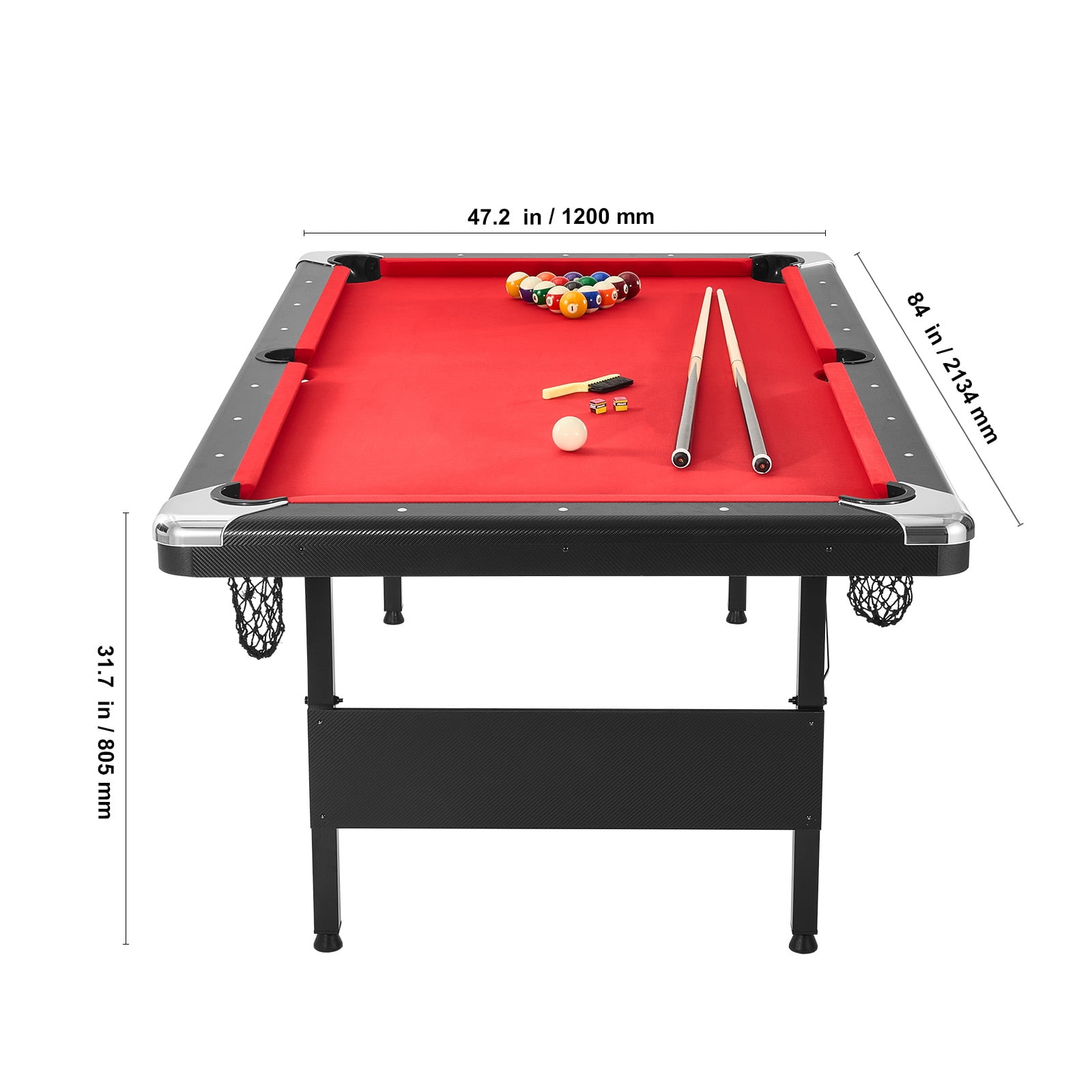 KFFKFF Pool Table, 7-foot, Compact Folding Design, Complete Billiard Set with Balls, Sticks, Chalks, and Brush, Black Frame with Red Felt, Ideal for Home Entertainment for All Ages