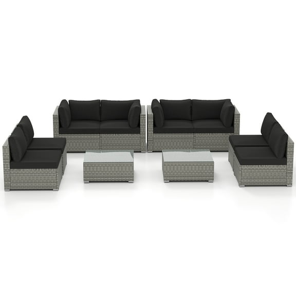 Gymax 10PCS Sectional Sofa Couch PE Rattan Conversation Set Black