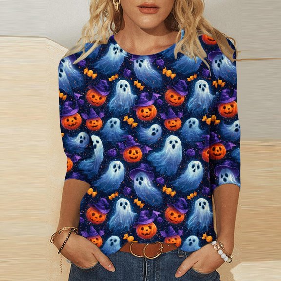 Jsaierl Halloween Shirts Women Cute Ghost Graphic Tees Trendy Going Out Round Neck T-Shirts 3/4 Sleeve Holiday Blouse Tops Halloween Costumes,Sizes S-5XL