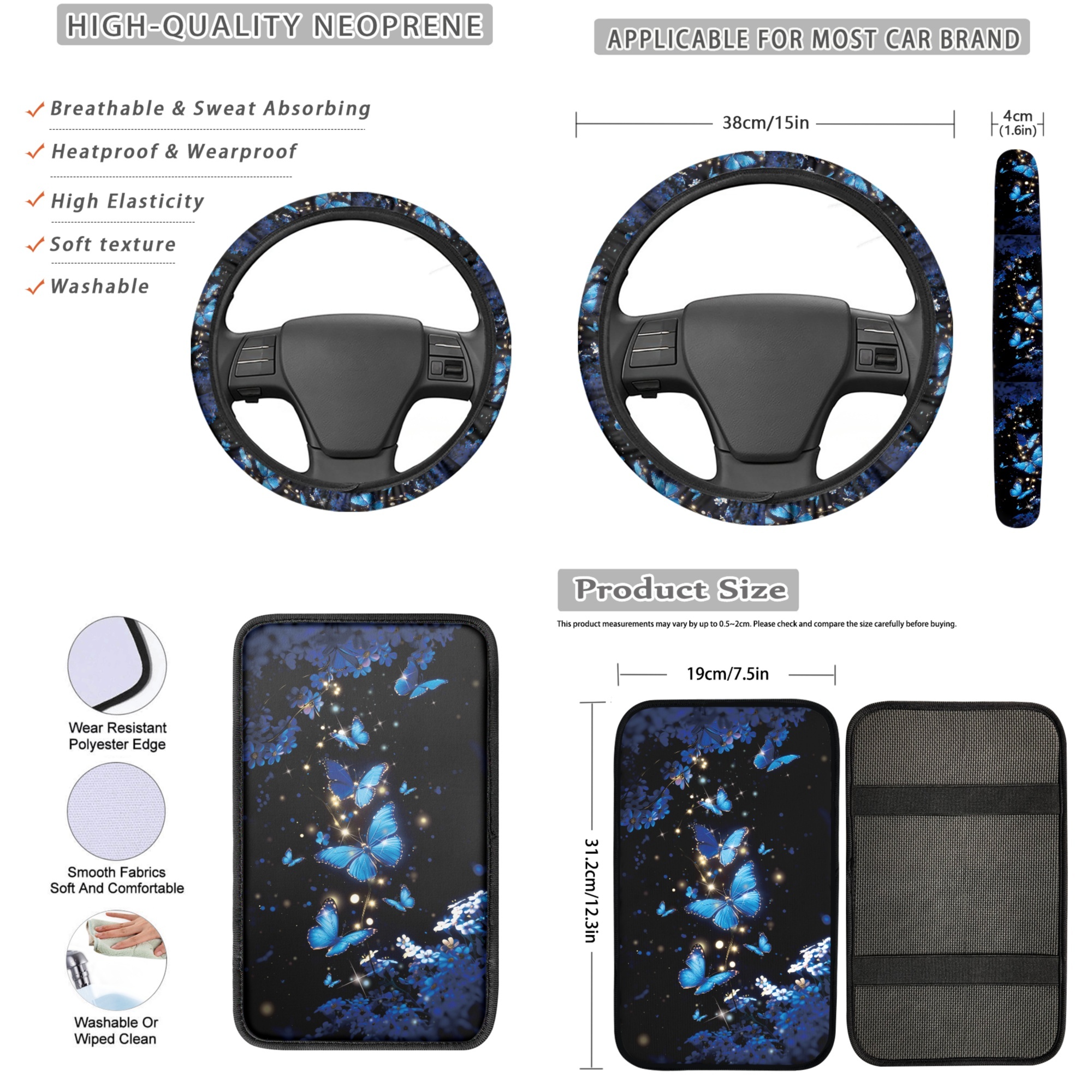 Jeiento Blue Butterfly 13 Pcs Car Front Rear Seat Covers Steering Wheel Cover Seatbelt Cushion Armrest Cover Lip Balm Holder Coasters Keychain Auto Interior Sets Universal Fit for Most Vehicles