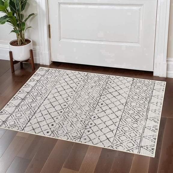 YOUFORTONG 2'x3' Moroccan Washable Entryway Rug, Low Pile Non Slip Rubber Backing Soft Modern Carpet for Hallway Kitchen Bedroom, Geo Grey