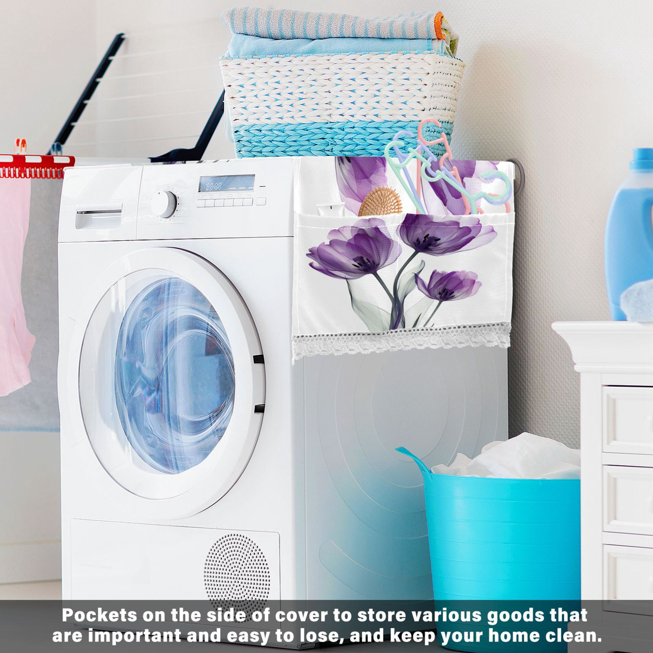 Wobogo Purple Tulips Washing Machine Cover Dustproof Washer Dryer Cover Waterproof Laundry Room Decorative Protector
