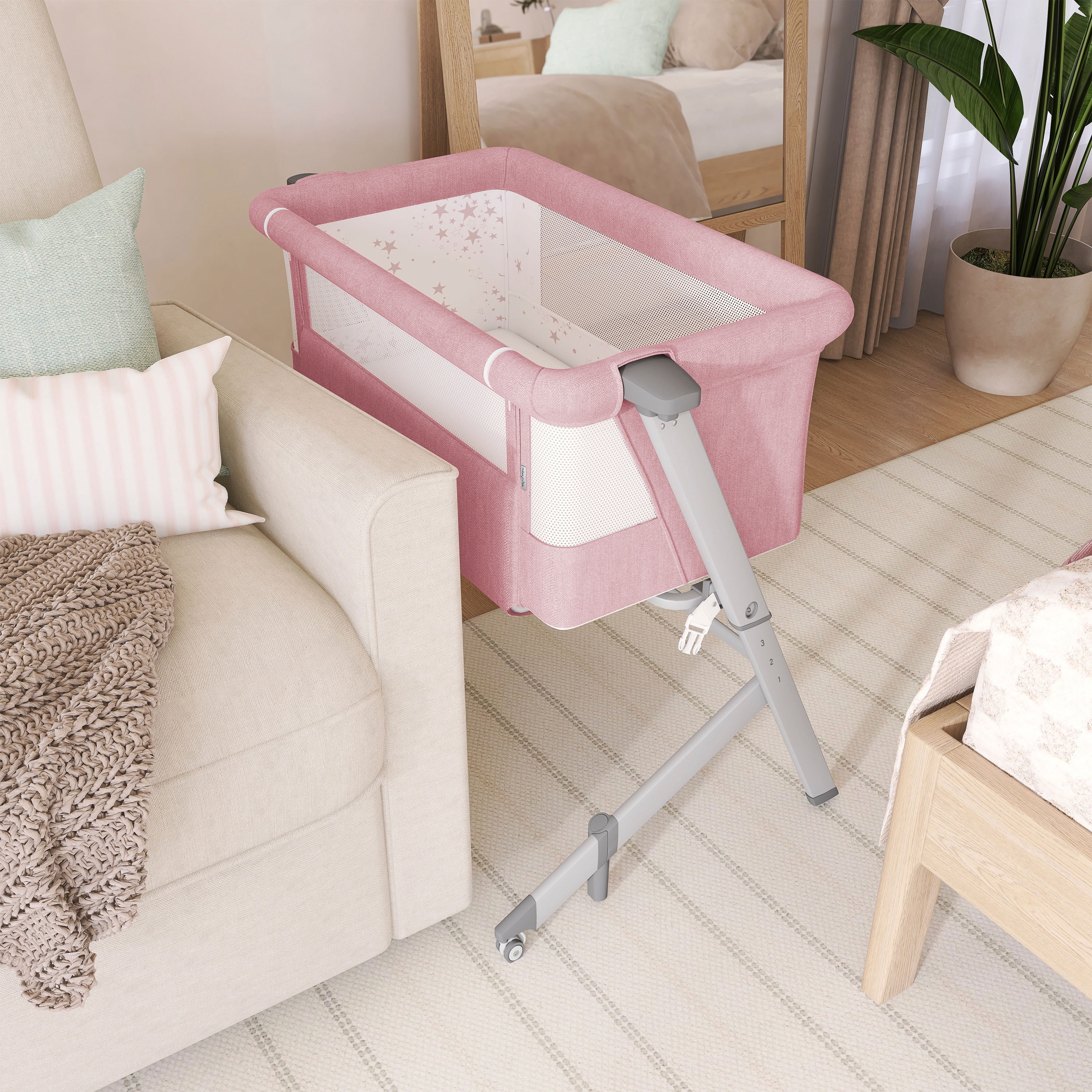 Dream On Me Skylar Bassinet and Bedside Sleeper in Pink, Lightweight and Portable Baby Bassinet