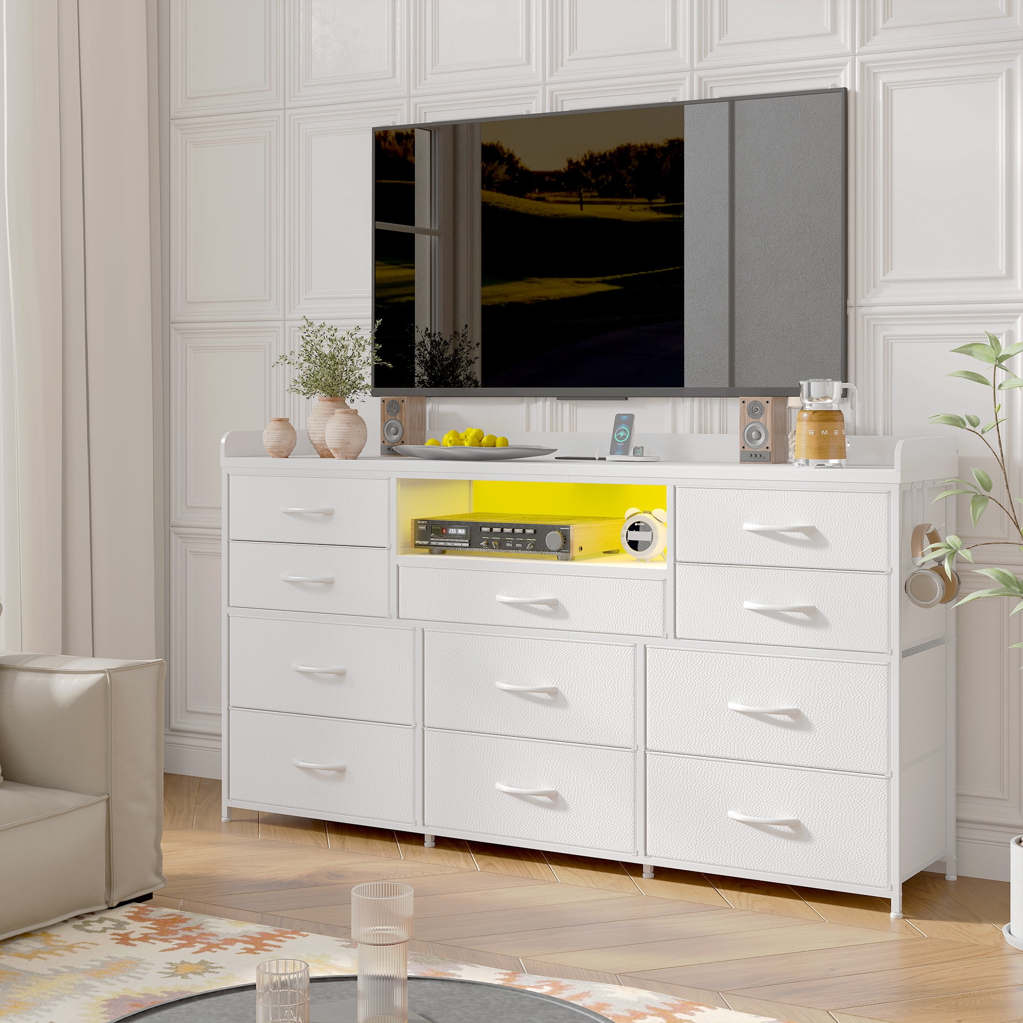 Dresser for Bedroom with 11 Drawers for 60" TV Stand with LED Lights & Charging Station Wide Dresser with Shelves & 4 Hooks Sturdy Metal Frame & Fabric & Wood Top ,White