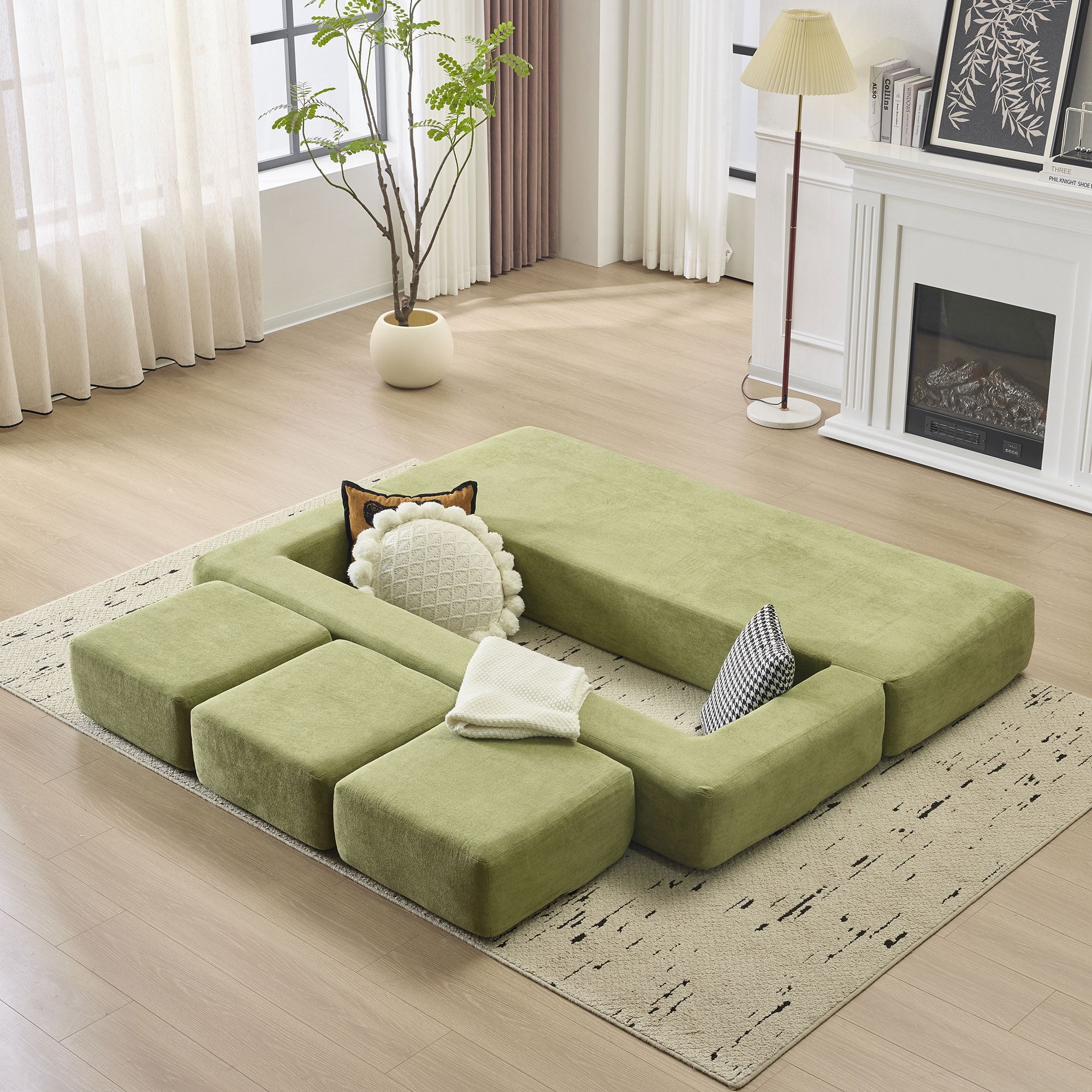 Modular Sofa Bed with 3 Detachable Ottoman Pieces, Convertible L-Shaped Sectional and Chaise Lounge for Small Apartments and Studios, Green