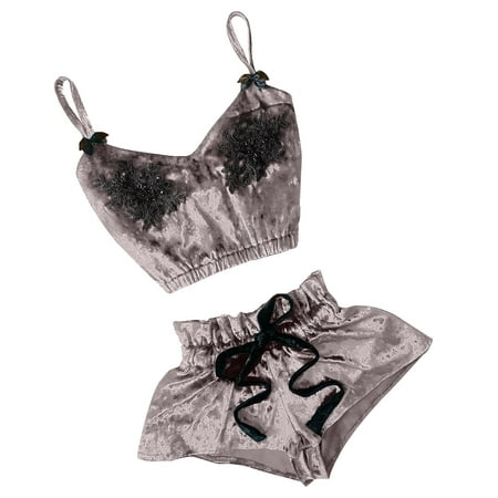 

DNDKILG Plus Size Sexy Cami Crop Top and Shorts Sets Nightwear Loungewear for Women Velvet Two-Piece Sleepwear Pj Set Pajamas Set Gray L