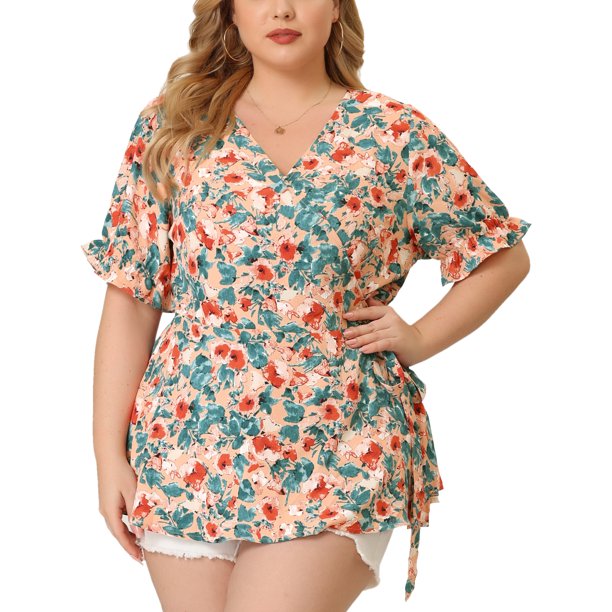 Women's Plus Size Blouse Floral Ruffle Sleeve Faux Wrap Peplum Top Pink 4X