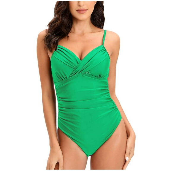 Fesfesfes Women Swimwear Tight Fit Swimsuit Sexy V Neck Bathingsuit Swimsuit Pleated Tummy Control Beachwear Set Gifts for Her Under 10$