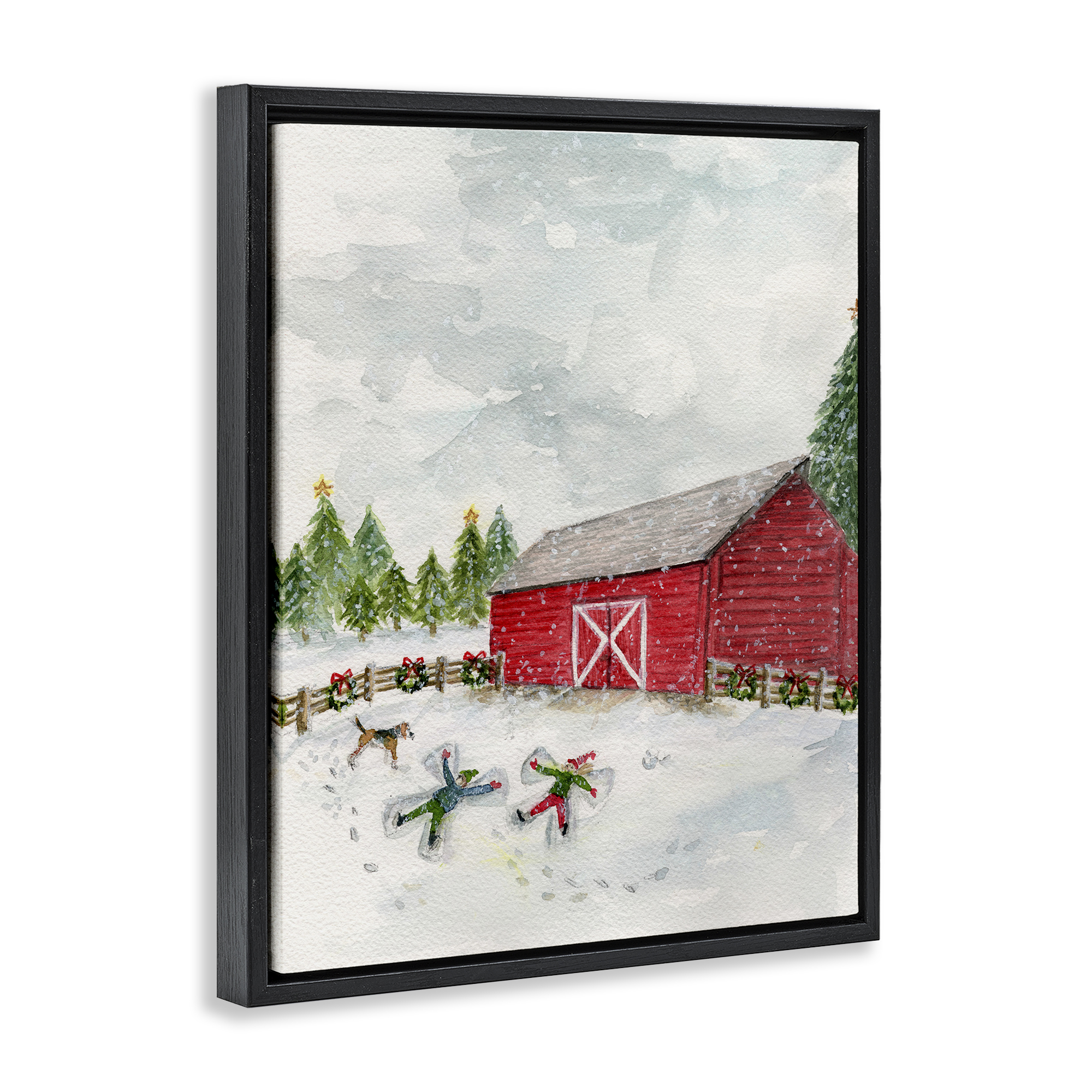 Stupell Industries New England Snow Angels Holiday Painting Black Floater Framed Art Print Wall Art, 25 x 31
