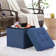 Ellington Home Foldile Tufted Linen Storage Ottoman Cube Foot Rest Stool/Seat - 15" x 15" (Navy)