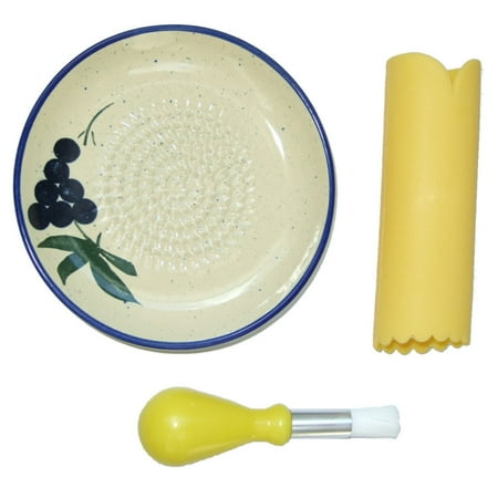 Greeter Set - Cooks Innovations Ceramic Grater Plate 3 Piece Set - Grater, Peeler, & Brush - Beautiful Grape Design - Blue & Cream