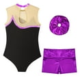 thumbnail image 4 of YONGHS Kids Girls Gymnastics Dance Outfit Ice Skating Leotard Unitard with Shorts Hair Tie Set Purple 4, 4 of 7