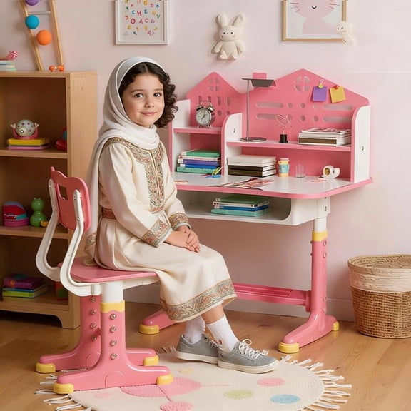 YNCE Kids Desk and Chair Set, Multi-Activity Toddler Table and Chair Set with Bookshelf,Height Adjustable Chair Desk for Kids, Storage Rack for Toddler Ages 3-12