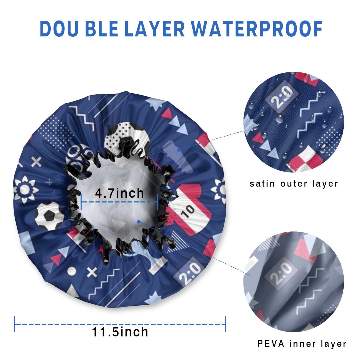 Shower Caps,Blue Soccer Elements Pattern Waterproof Shower Cap for Women 4 Pieces,Double Reusable Hair Cover for Shower PEVA Elastic Stretch Hem
