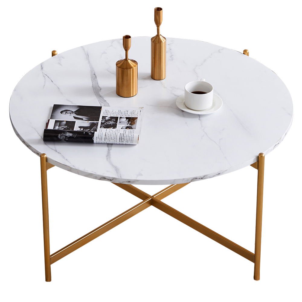 Modern Round Coffee Table, Golden Sturdy Metal Legs with Marble Wood