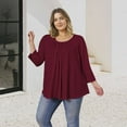 thumbnail image 4 of Womens Plus Size Tunics Loose Fit 3/4 Sleeve Tops Pleated Solid Casual Red Blouses, 4 of 7