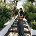 thumbnail image 6 of Women's Flowy Linen Palazzo Pants Shirred Sheer High Waisted Wide Leg Beach Trousers with Pockets Gray 2XL, 6 of 6