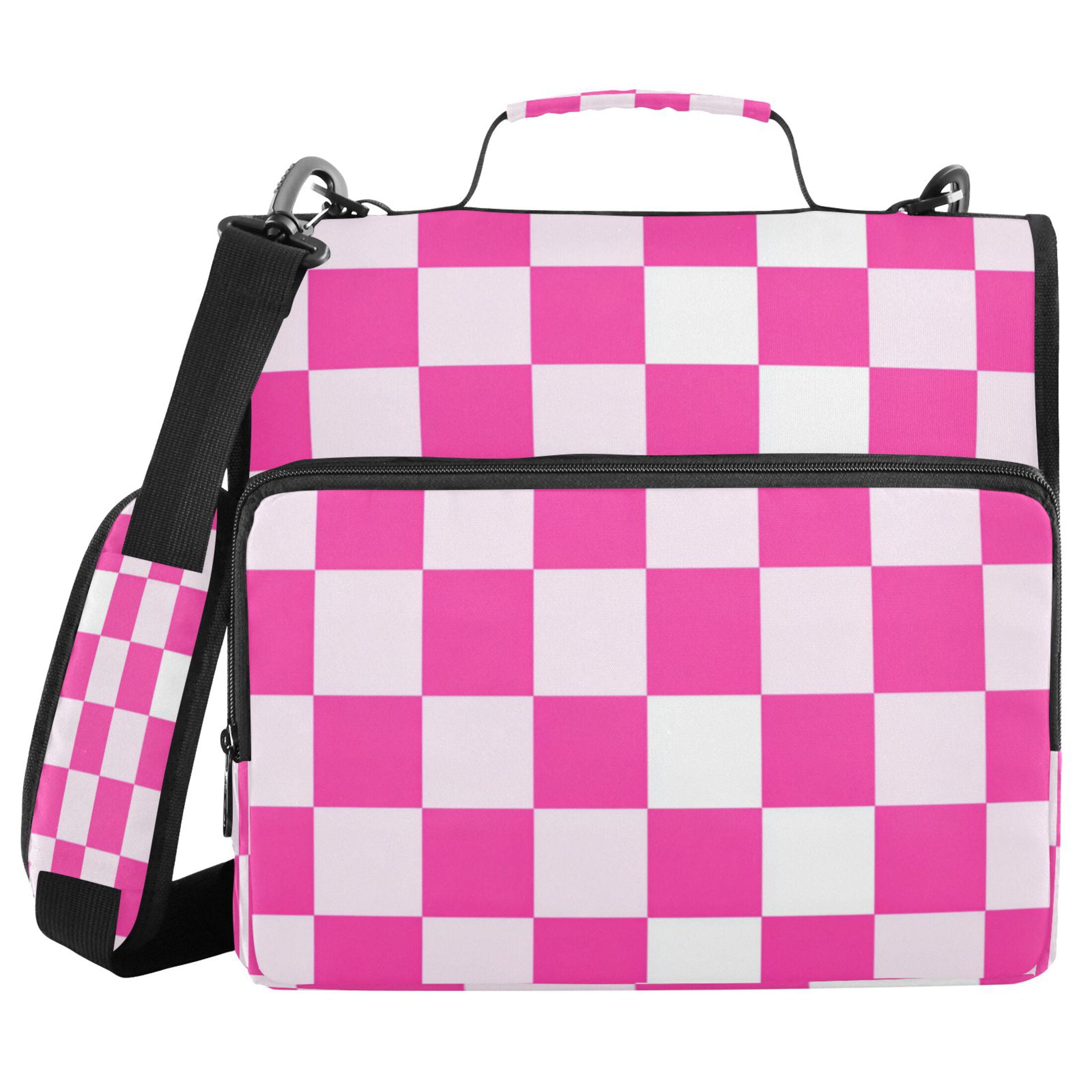 Zipper Binder 3 Rings Stationery Office Files Daily Organizer File Folder Storage Bag Hot Pink Checkered Pattern