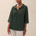 thumbnail image 2 of Penkiiy Blouse Décontractée pour Femme à Manches 3/4 Henley à Col en V Boutonnée, Dos Plissé, Blouse Unie, Hauts, T-Shirts, S Vert Armée, 2 of 8
